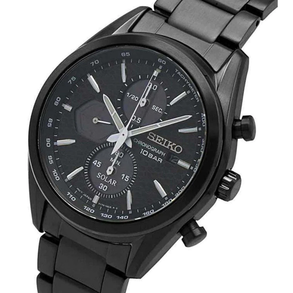 Black dial chronograph solar watch with white hands, subdials, and steel case