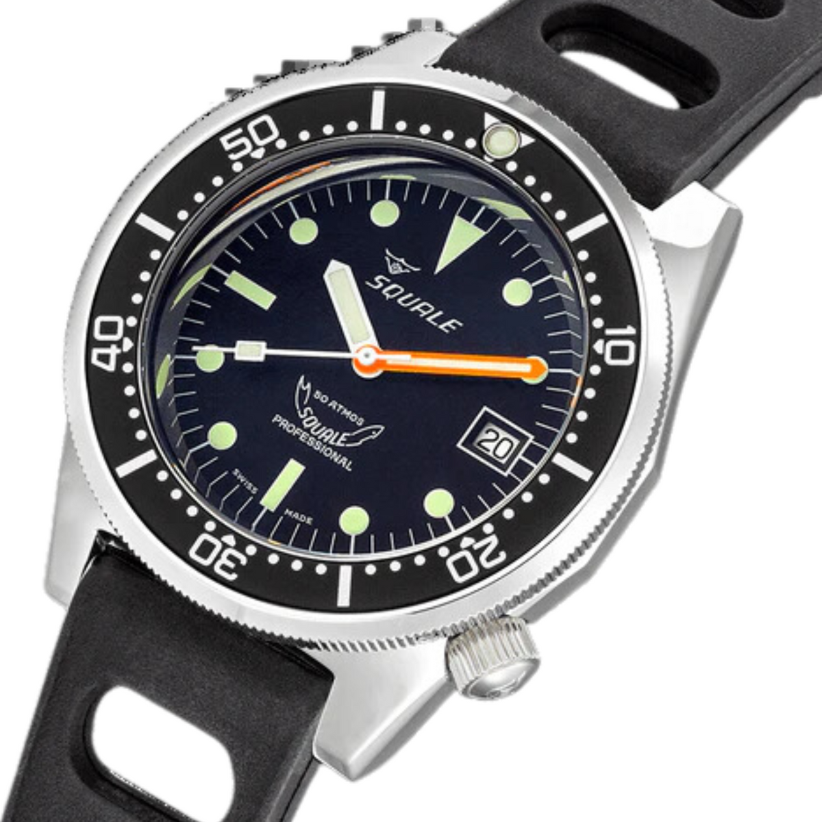 Automatic diver watch close-up: black dial with green lume, orange accents, date window