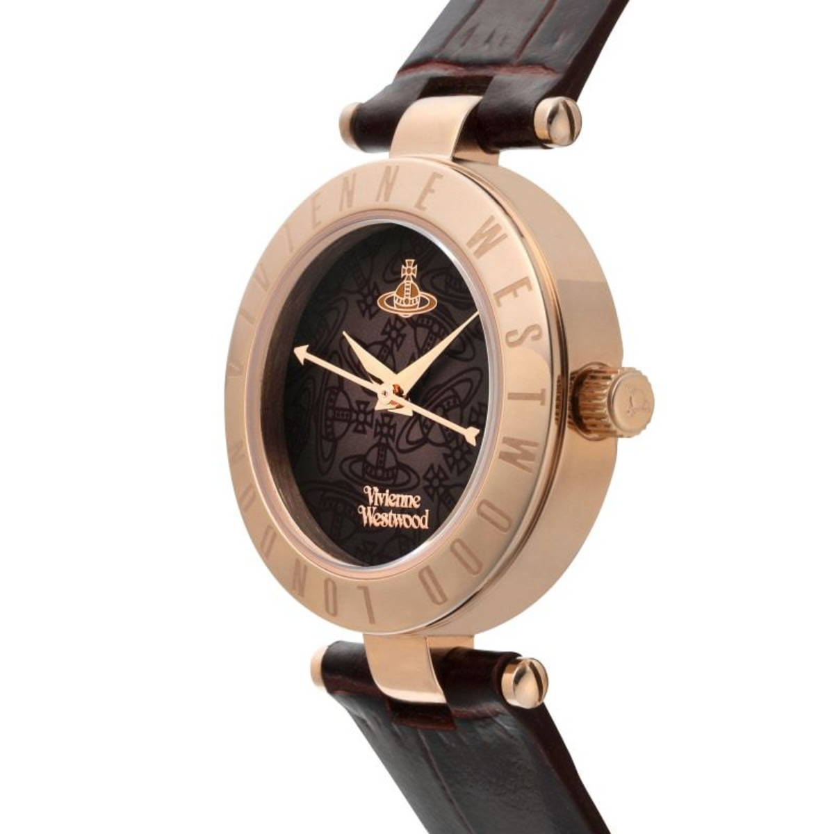 Women's quartz watch with dark dial, brown leather strap, rose-gold bezel and gold hands