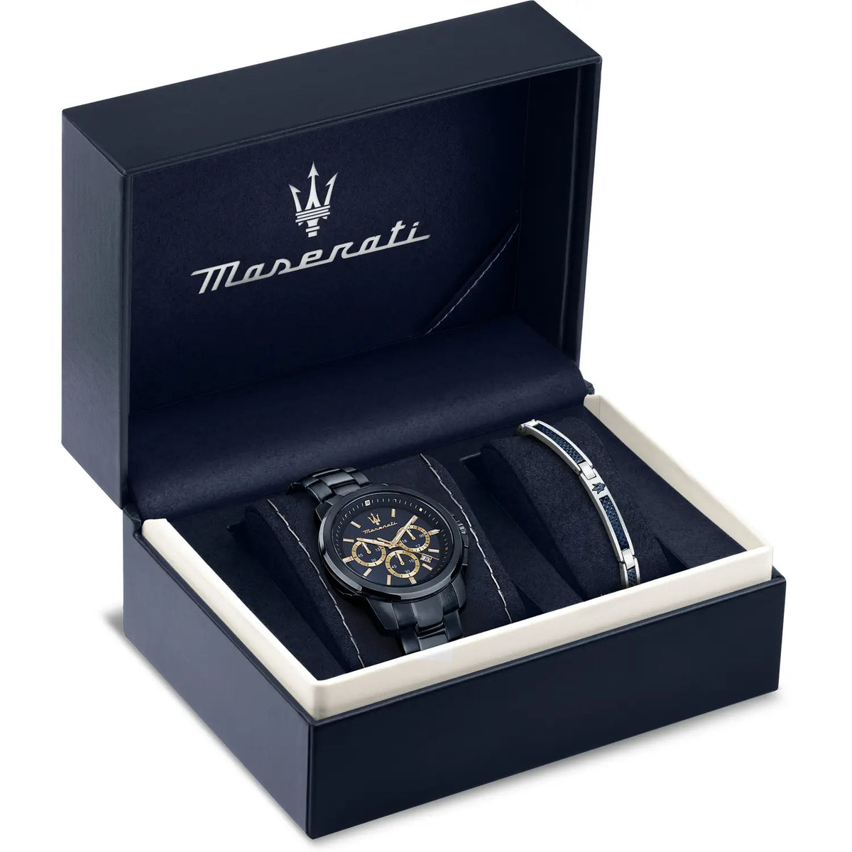 Men’s Maserati quartz watch in navy gift box, black dial and black steel link bracelet