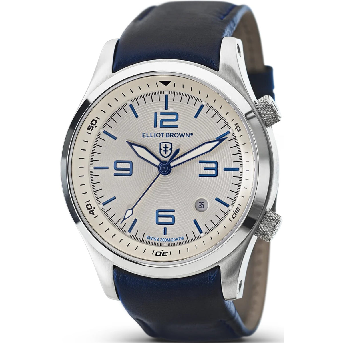 Men's leather strap watch with cream dial, blue numerals, and blue hands