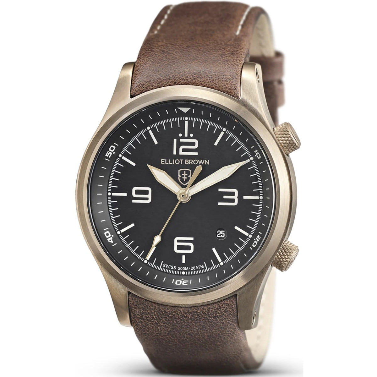 Men’s leather strap watch with black dial, gold case, and Arabic numerals