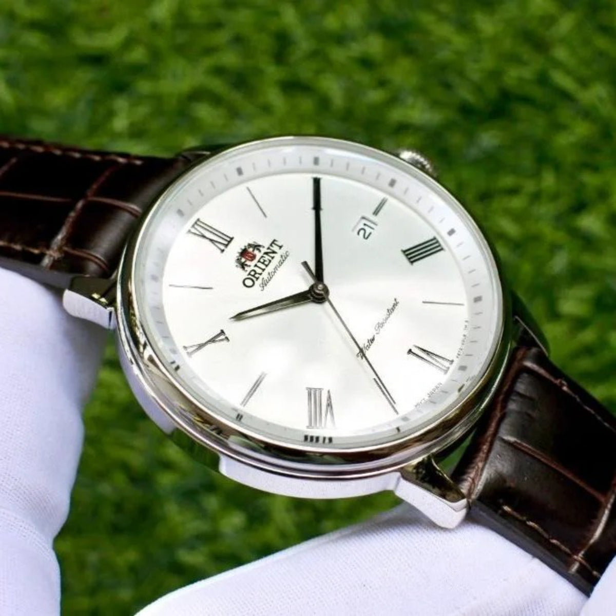 Men's automatic watch close-up, white dial with Roman numerals and dark leather strap