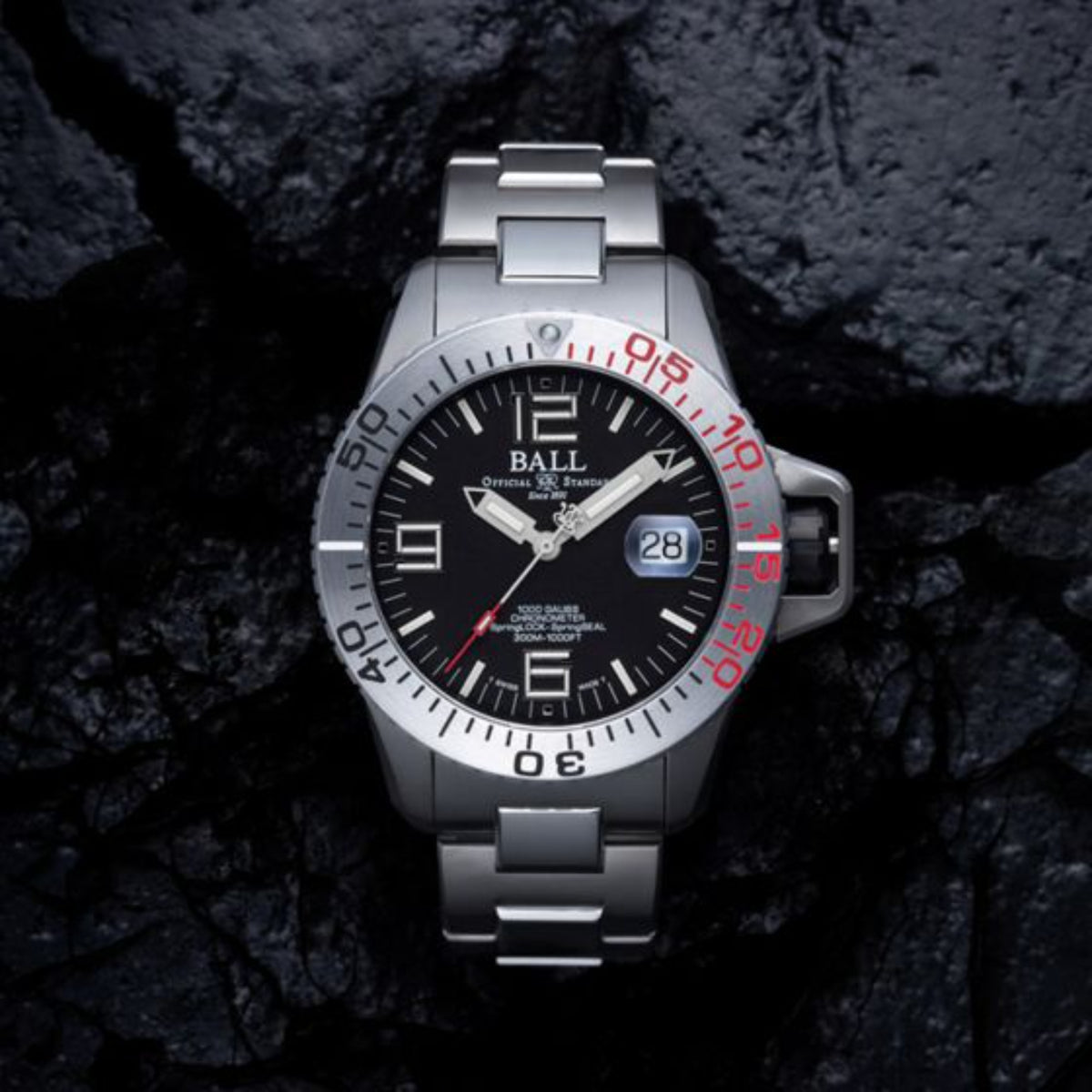 BALL Engineer Hydrocarbon EOD DM3200A-S1C-BK front angle view set on textured stone surface