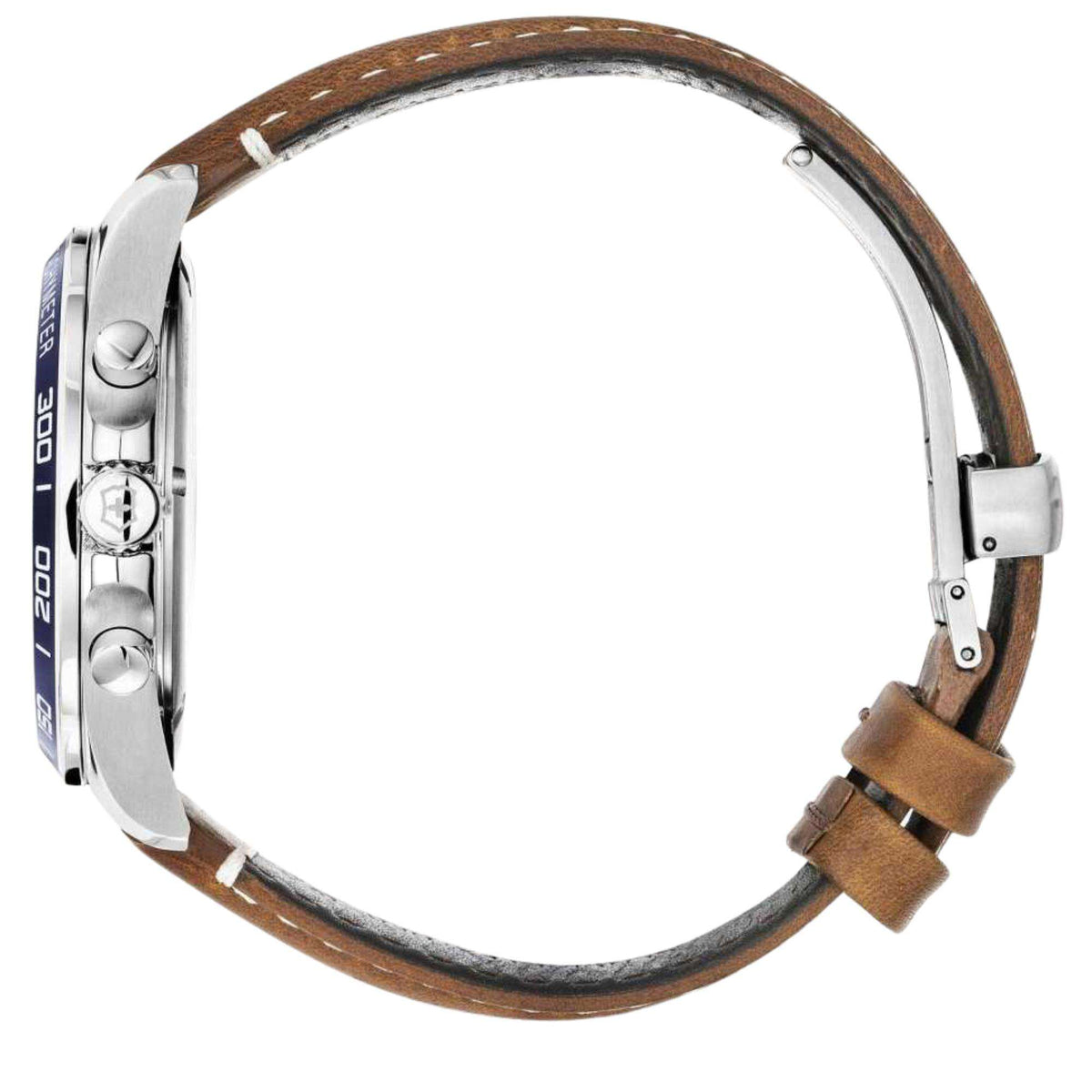 Silver watch case with brown leather strap and buckle, side view