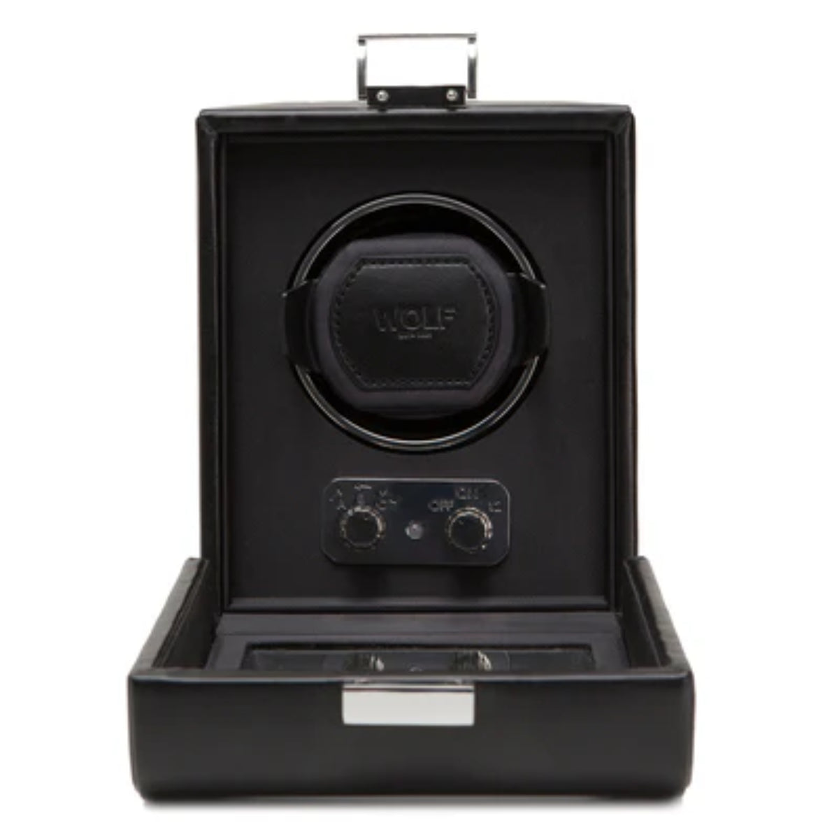 Black watch winder with circular dial, front controls, and open base tray