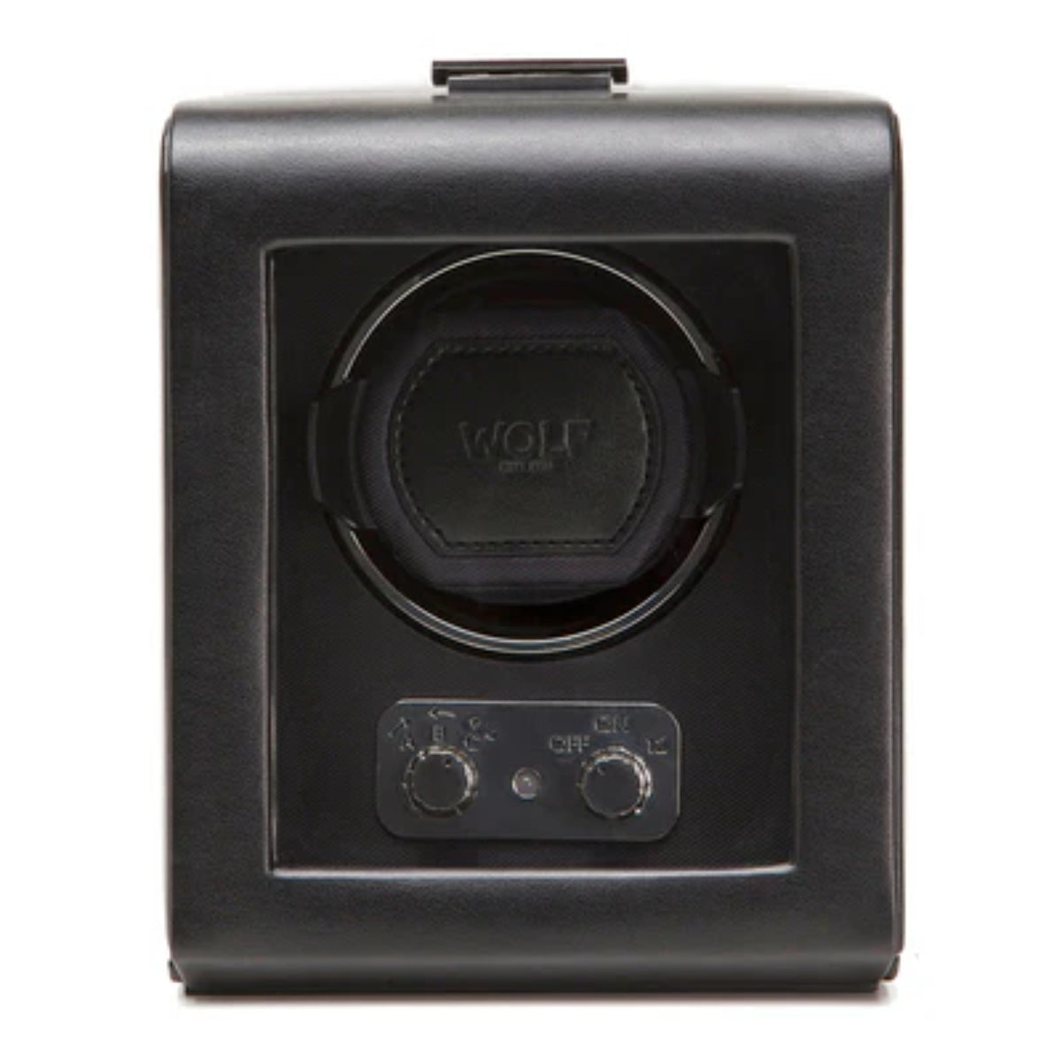 Black watch winder with circular dial and OFF/ON controls on front panel