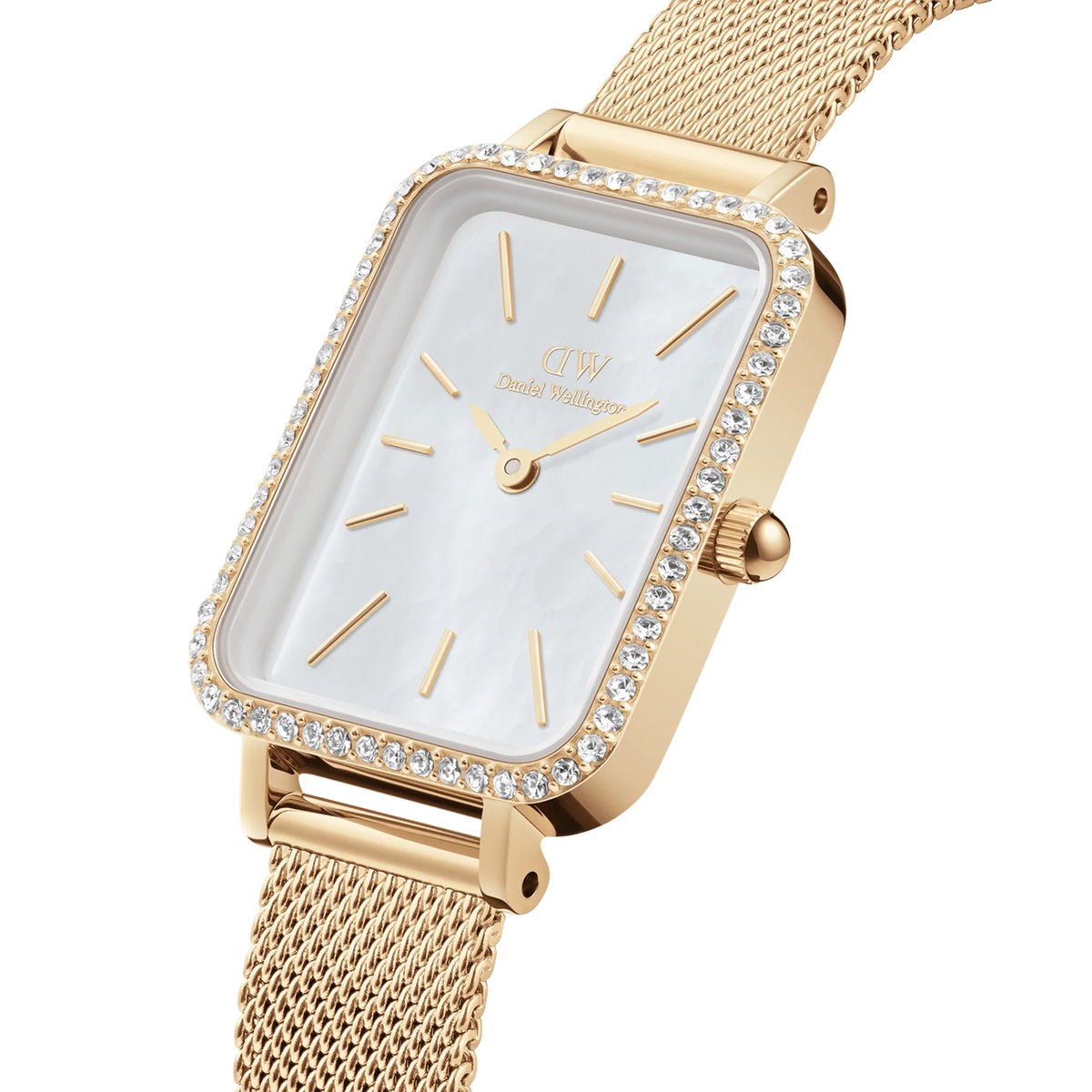 Daniel Wellington Quadro square watch, white mother-of-pearl dial, gold mesh strap, crystals