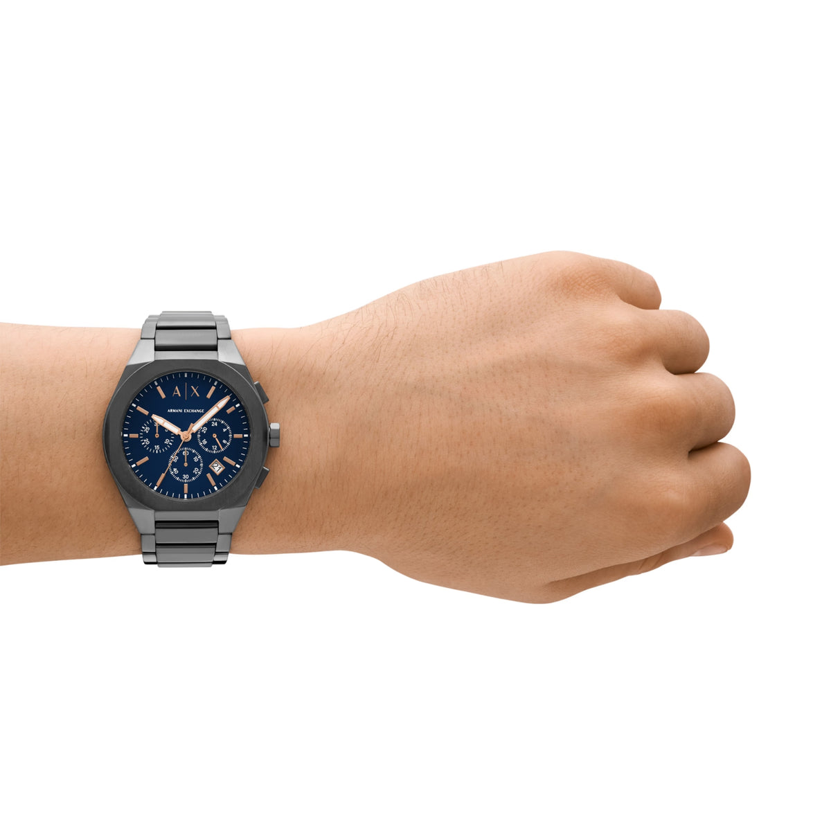 Armani Exchange Sync blue chronograph steel watch worn on wrist showcasing modern fit and elegant design