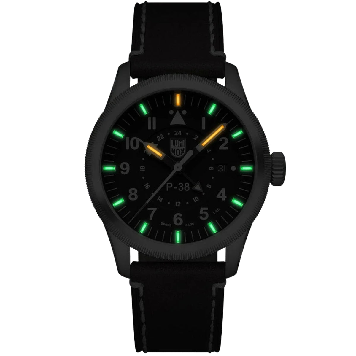 Luminox P-38 Lightning Air Pilot 9520 Series XA.9521 black dial quartz watch showcasing green and orange tritium illumination in dark settings