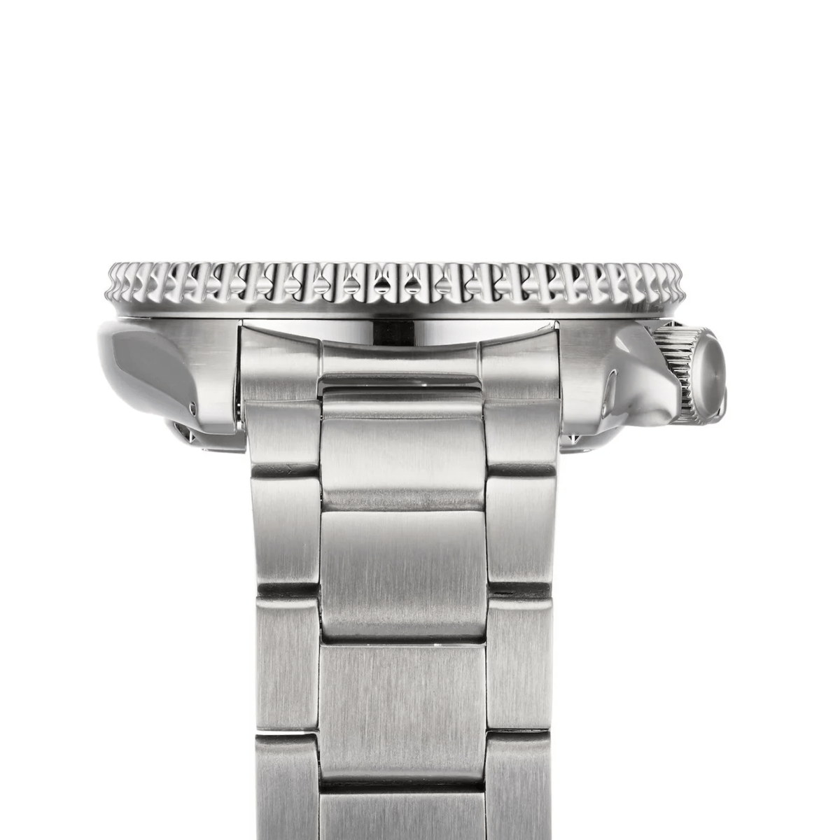 Stainless steel watch bracelet and case back view with brushed metal finish