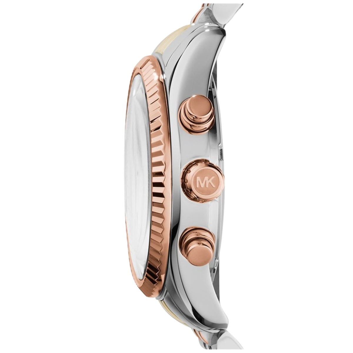 Michael Kors Lexington MK5735 side profile view highlighting the rose gold tone coin edge bezel, pushers, and engraved crown