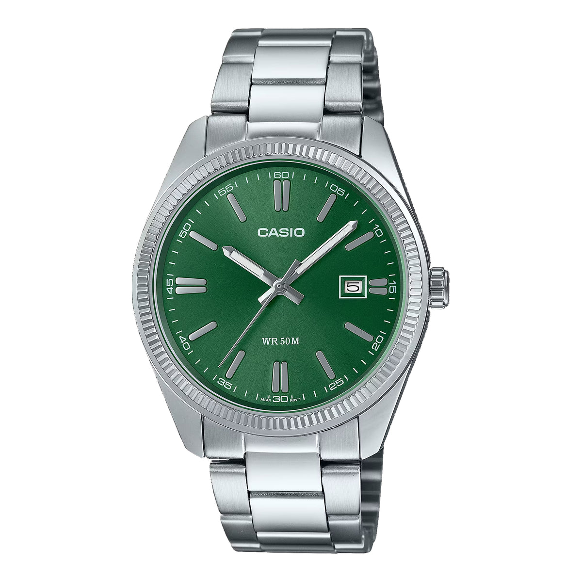 Front view of the Casio Collection MTP-1302PD-3AVEF quartz watch featuring a green dial, fluted bezel, date window, and silver-tone steel bracelet