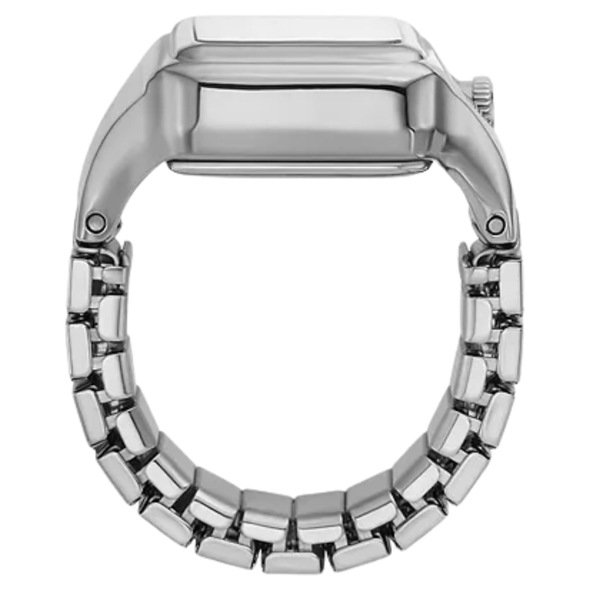 Fossil Raquel ES5344 side profile view of flexible steel expansion ring band and smooth case back