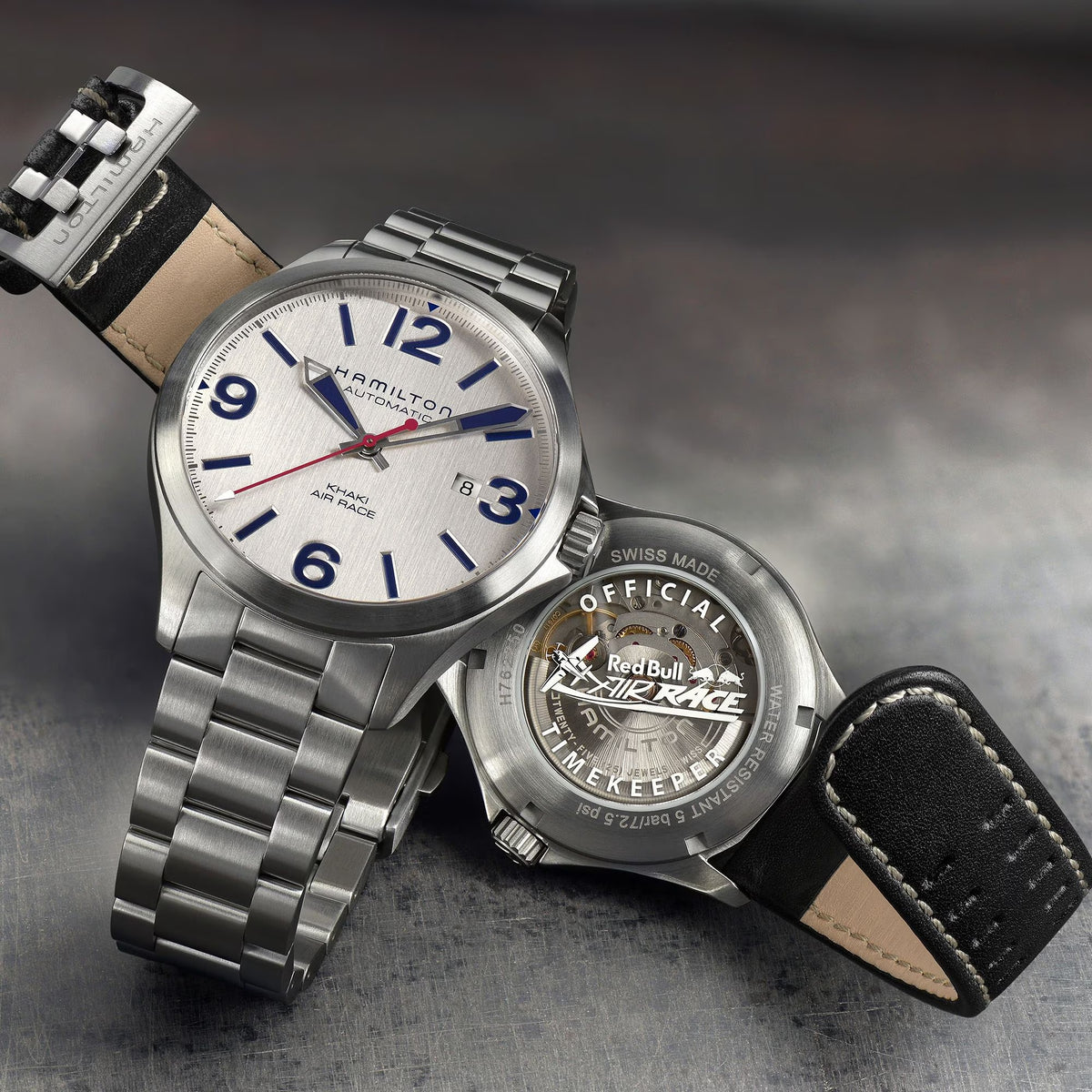 Men's automatic stainless steel watch with white dial, blue numerals, red seconds hand