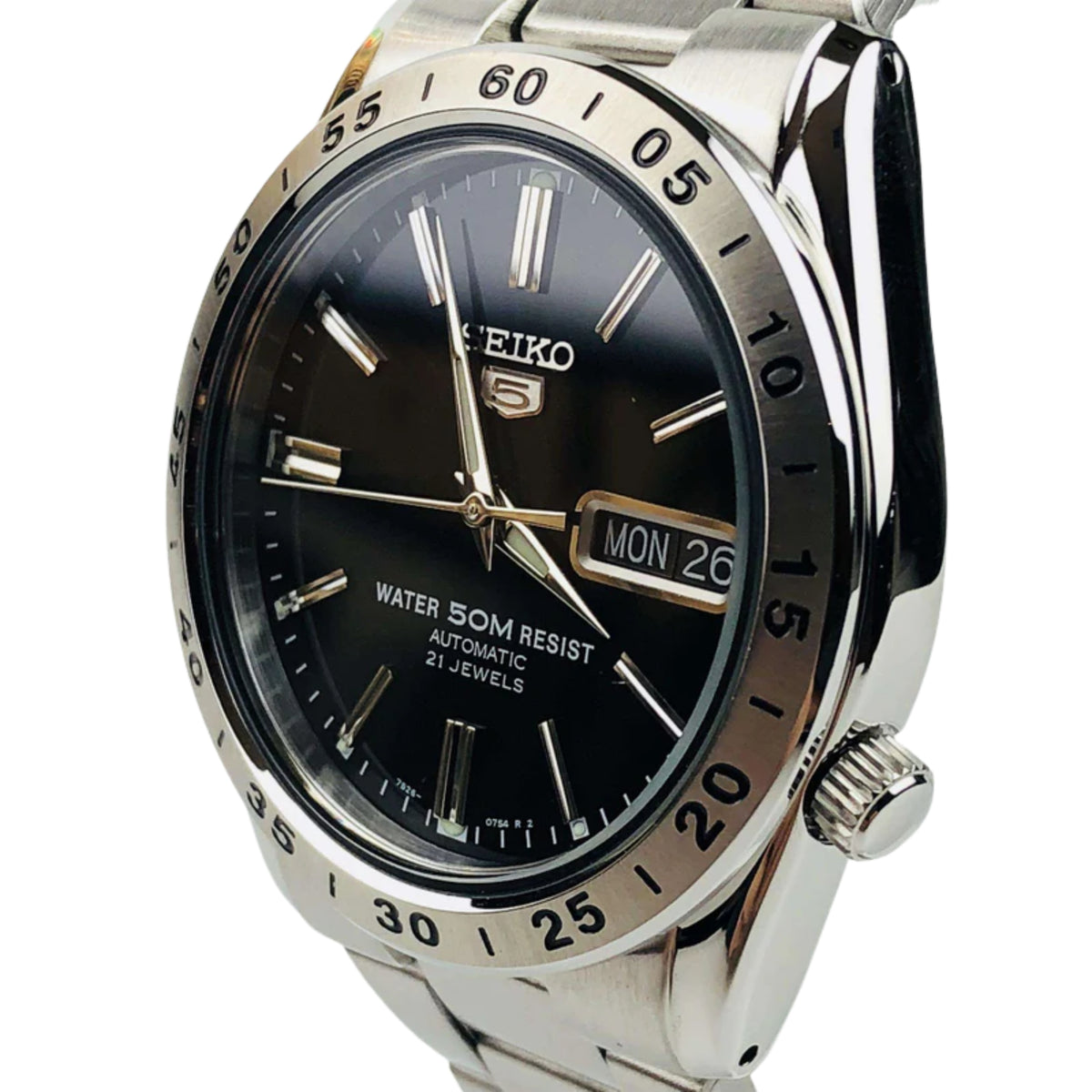 Seiko 5 men's automatic watch angled view with black dial, date window, stainless bezel