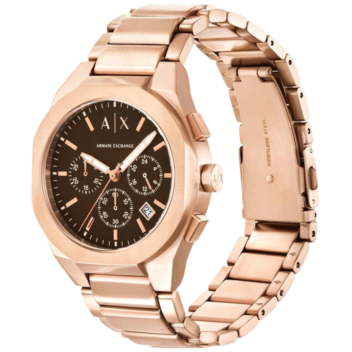 Rose-tone chronograph watch side profile with linked metal bracelet