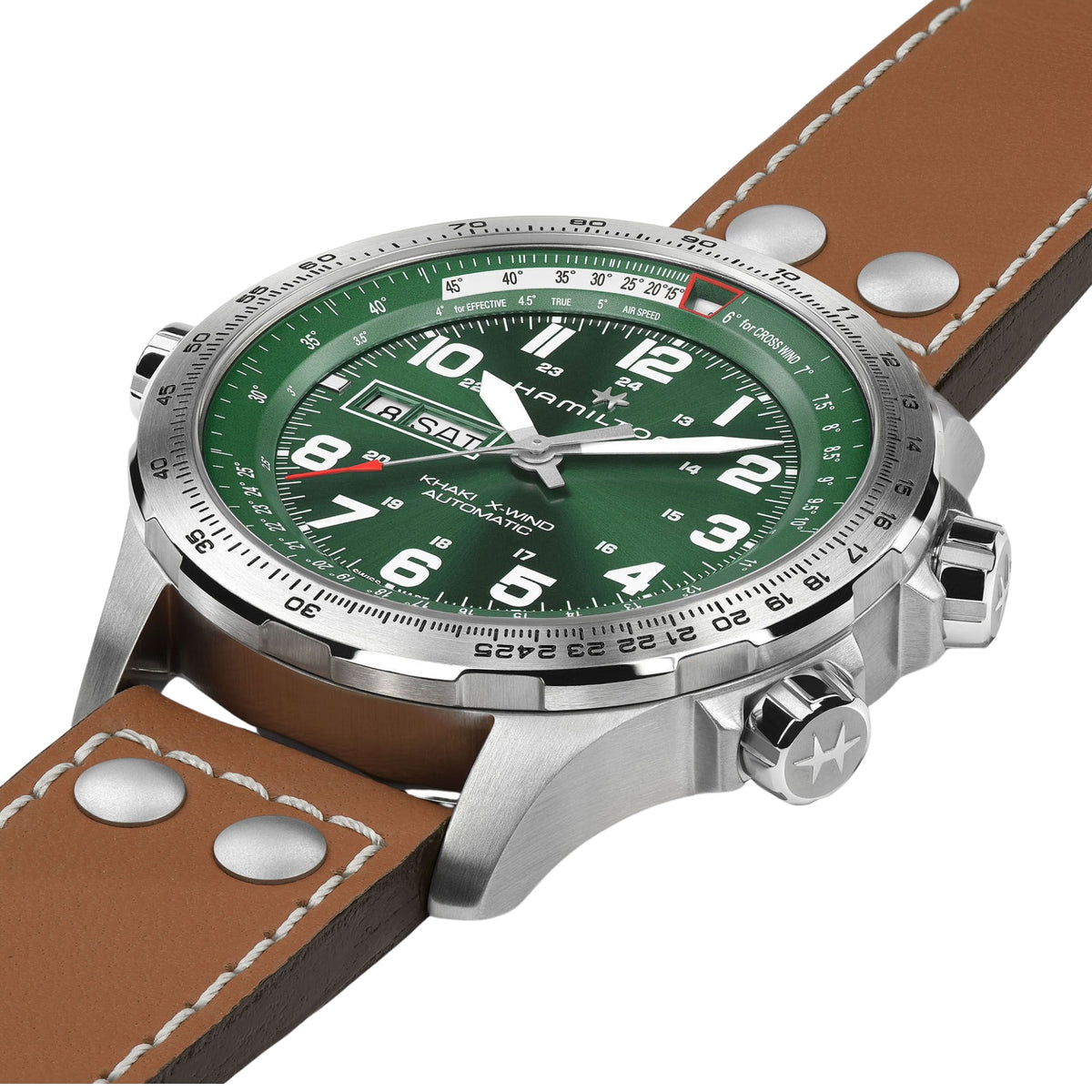 Hamilton Khaki Aviation H77735560 mens timepiece perspective view highlighting green dial, steel bezel, and riveted brown strap