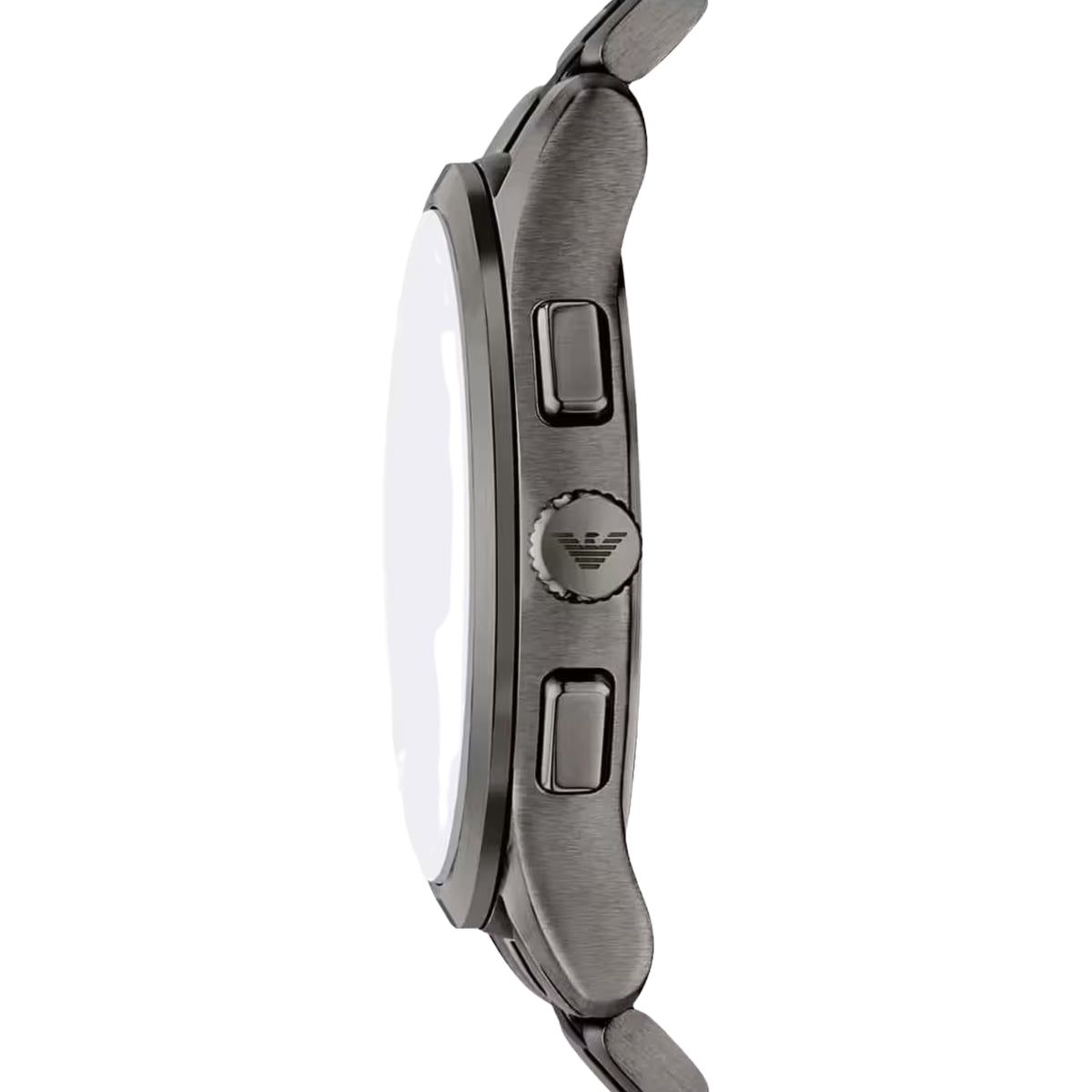 Emporio Armani Dario AR11729 stainless steel case side profile with crown and pushers
