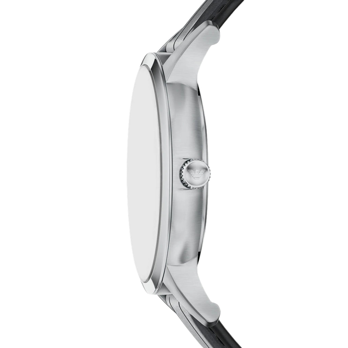 Side profile of the Emporio Armani Archetipo AR11826 wrist watch, highlighting the slim casing and branded crown