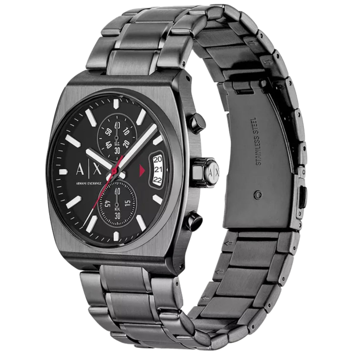 Men's chronograph watch with black dial and steel bracelet, AX logo and subdials.
