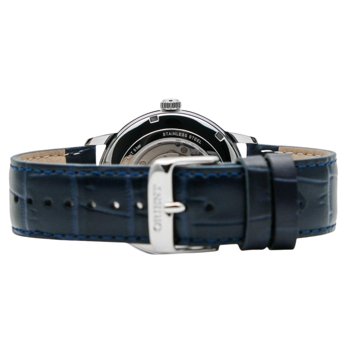 Stainless steel watch caseback with blue leather strap and buckle