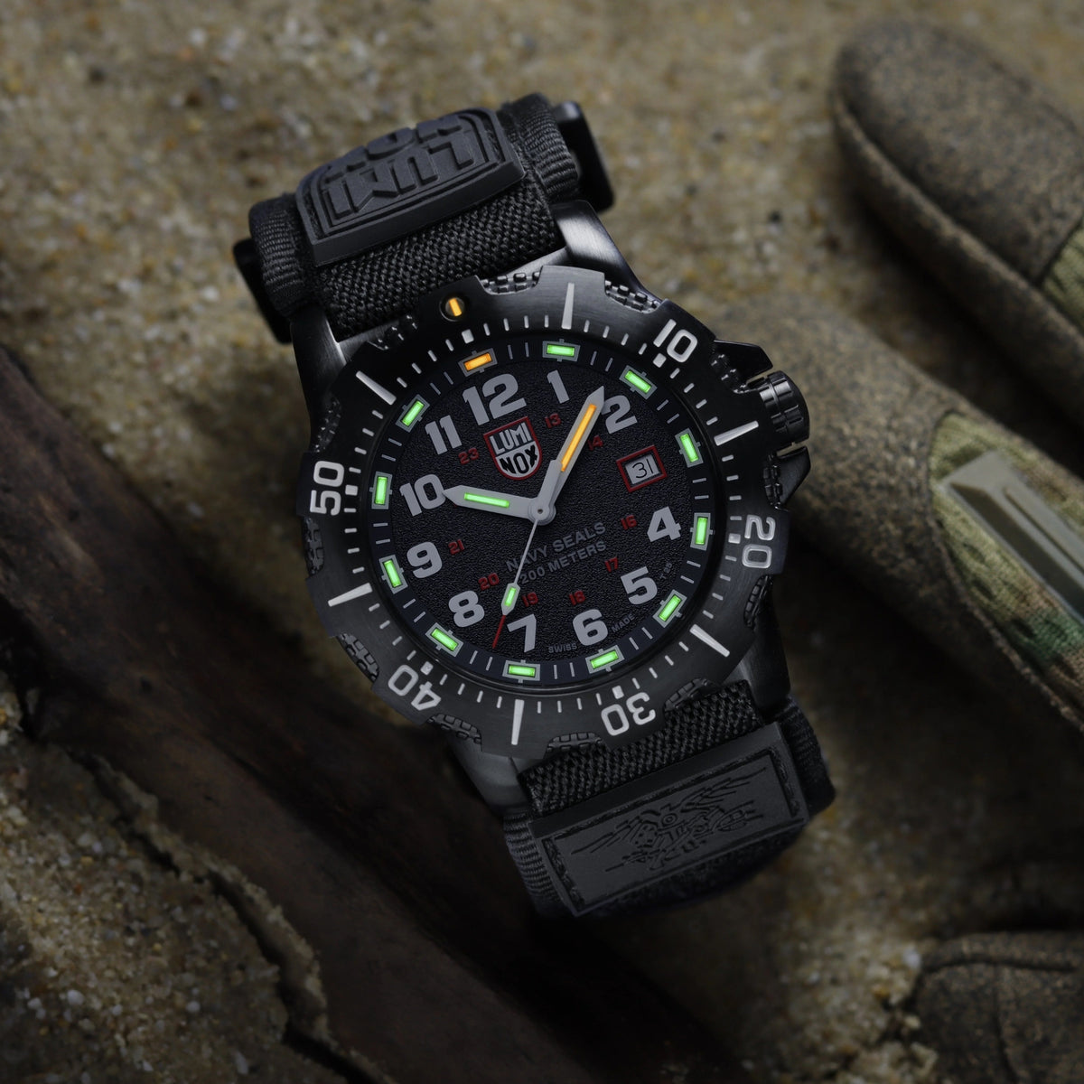 Men's Luminox Navy SEAL 45mm quartz watch with black dial and black rubber strap