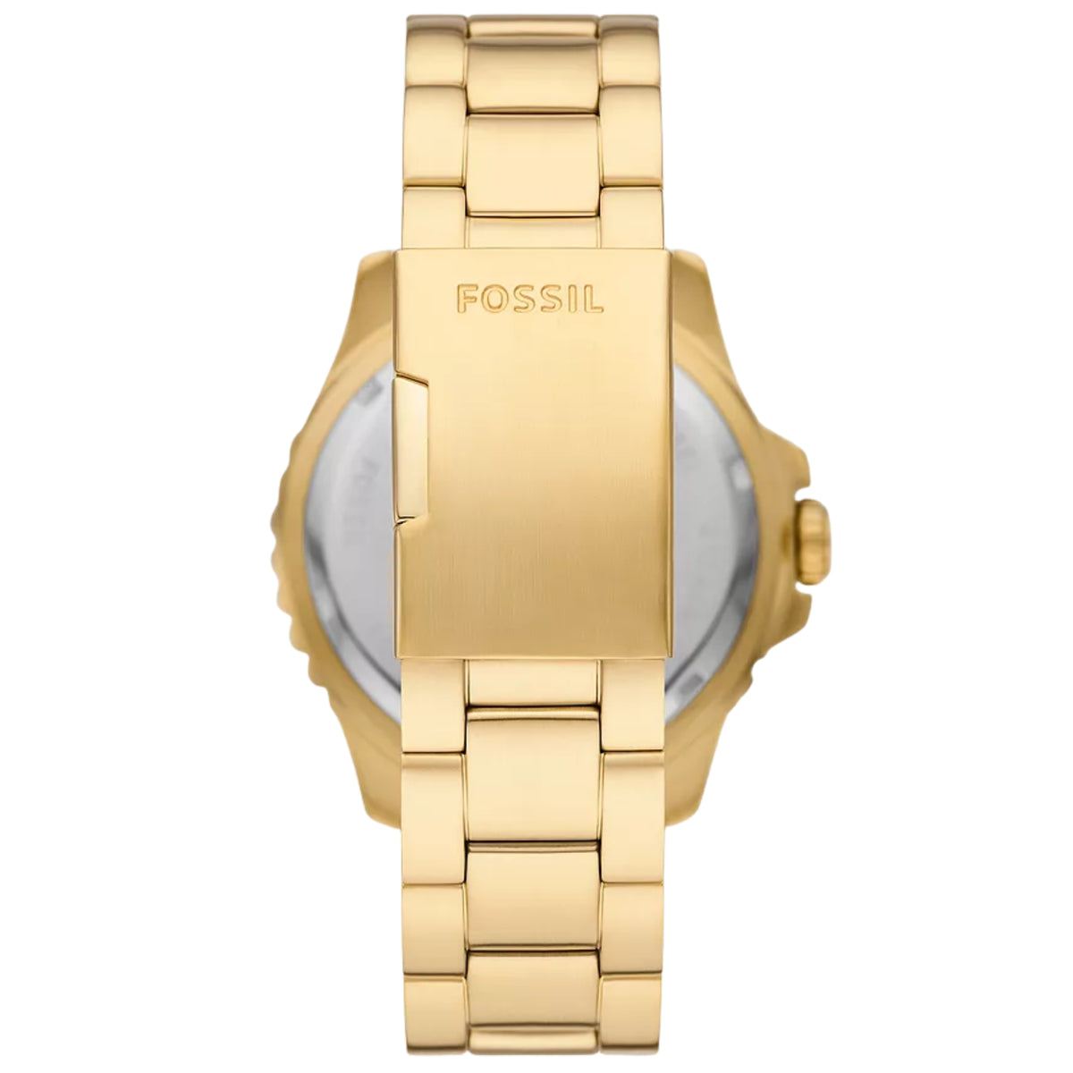 Back angle showing the engraved fold-over clasp and steel bracelet of the Fossil Blue GMT FS5990 watch