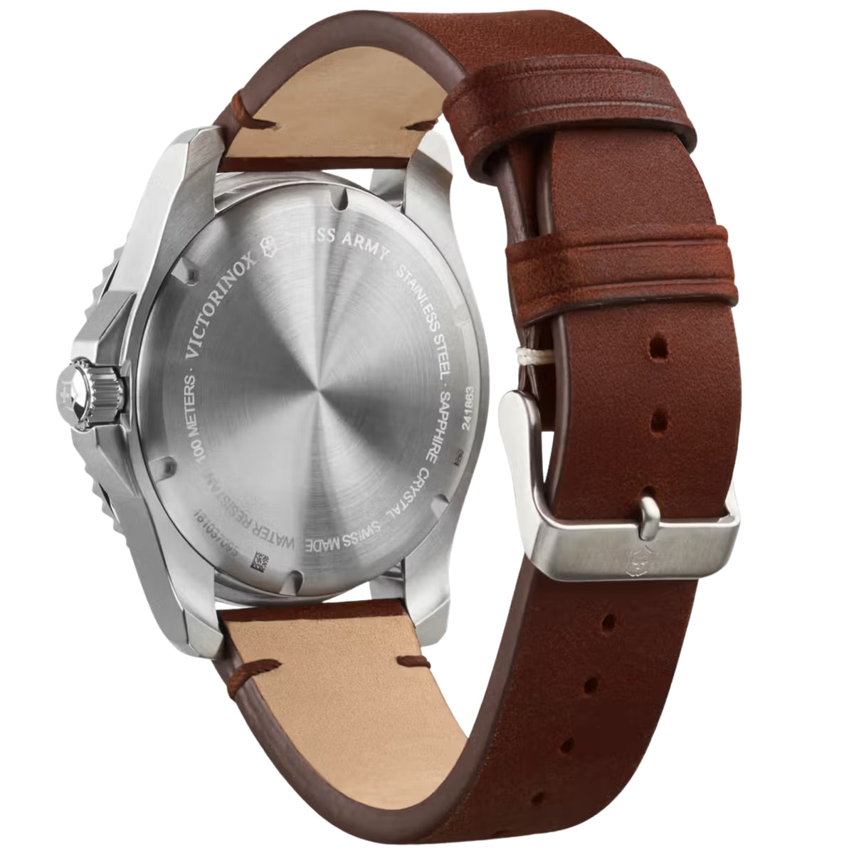 Men's quartz wristwatch back view with engraved silver case and brown leather strap