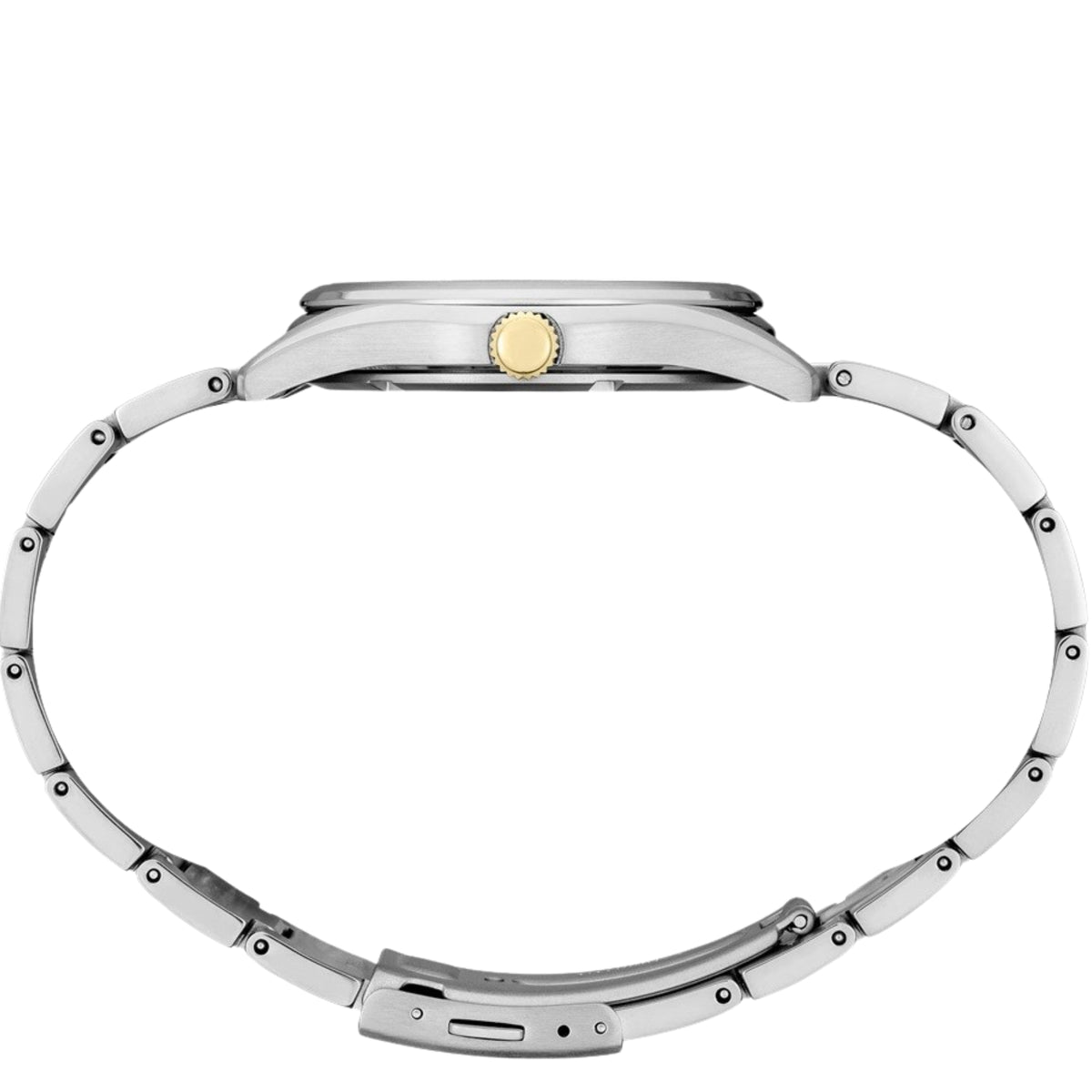Side view showing the slim profile and two-tone titanium bracelet loop of the Seiko Essentials SUR377P1 analogue watch