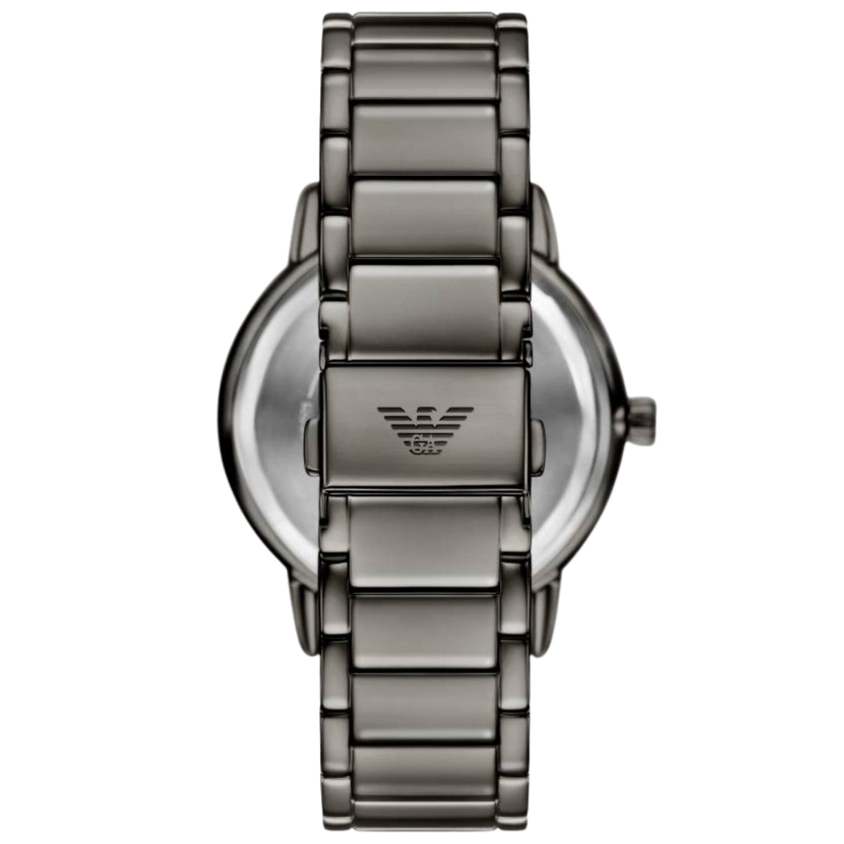 Emporio Armani men's quartz watch back with metal case and stainless-steel bracelet