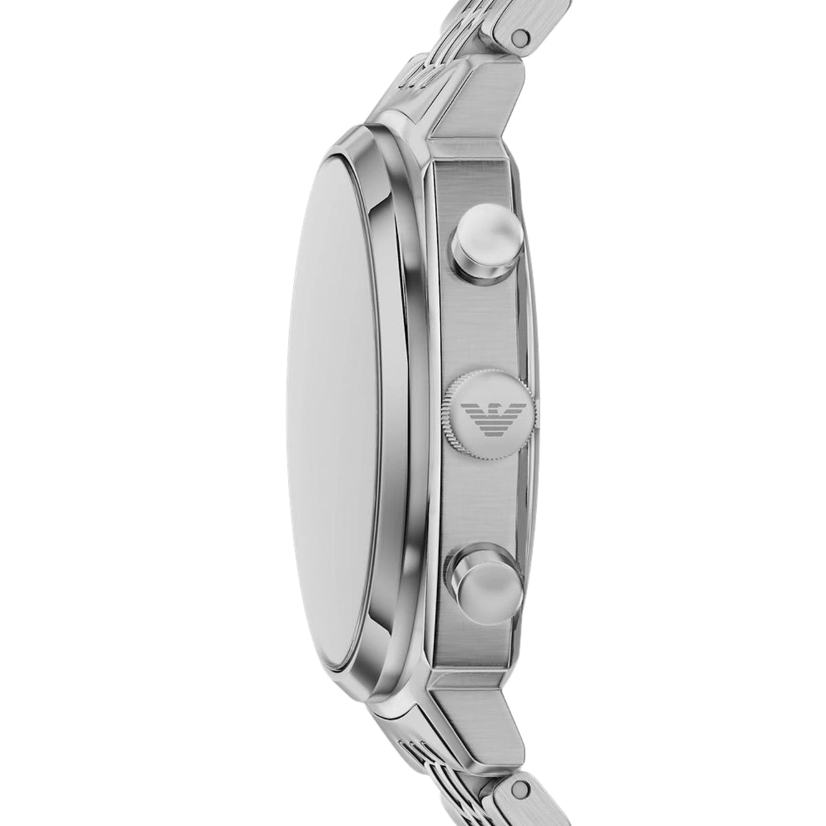 Side profile of the Emporio Armani Carlo AR11800 wrist watch highlighting the cushion-shaped steel case, dual chronograph pushers, and signed crown