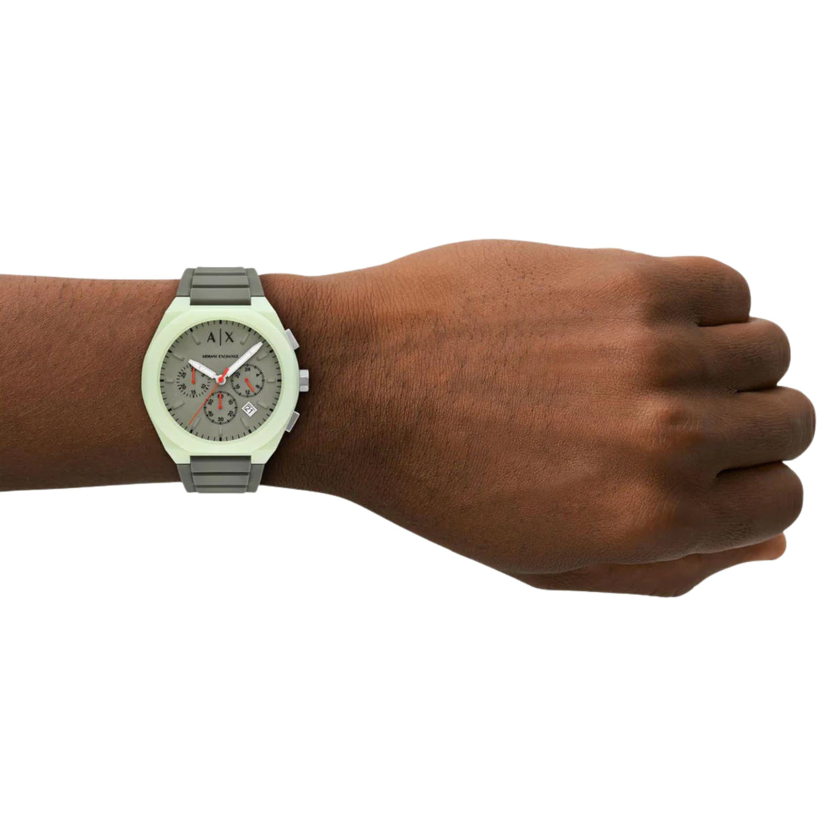 Khaki green silicone chronograph watch on wrist with gray dial and red accents