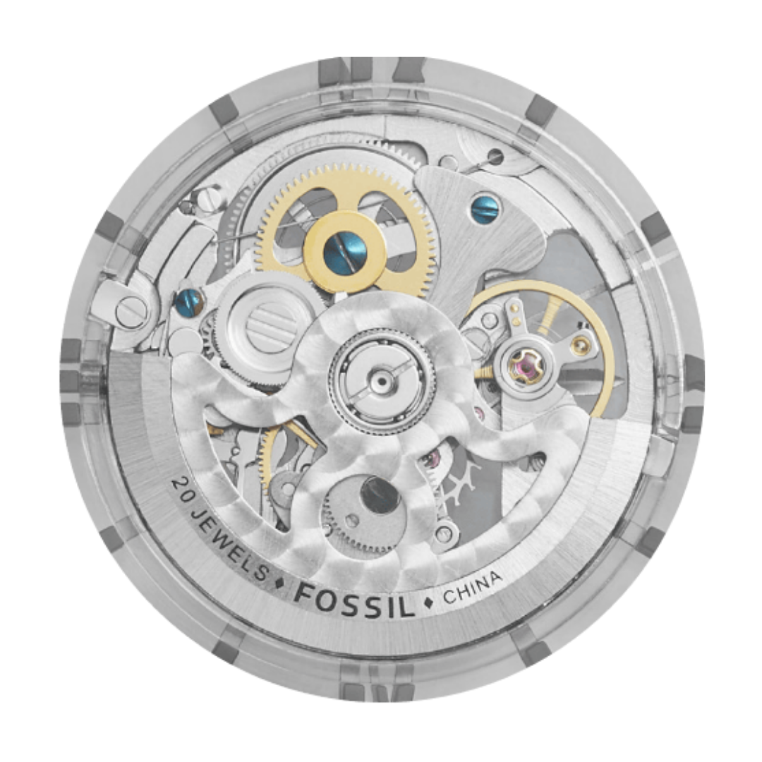 Fossil Automatic skeleton watch case back highlighting 20-jewel automatic movement, rotor, and internal gears