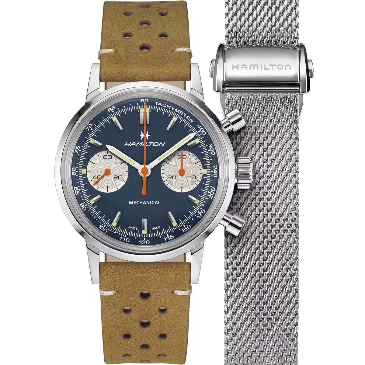 Montre mécanique homme Hamilton American Classic 40mm chronographe cadran bleu bracelet cuir H38429541