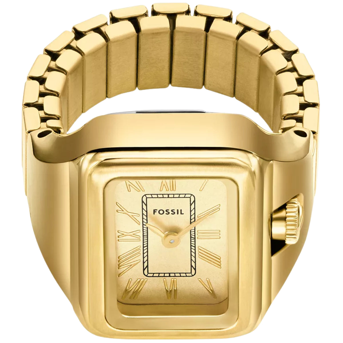 Top-down perspective of the Fossil Watch Ring ES5343 featuring the gold dial display and flexible stainless steel band