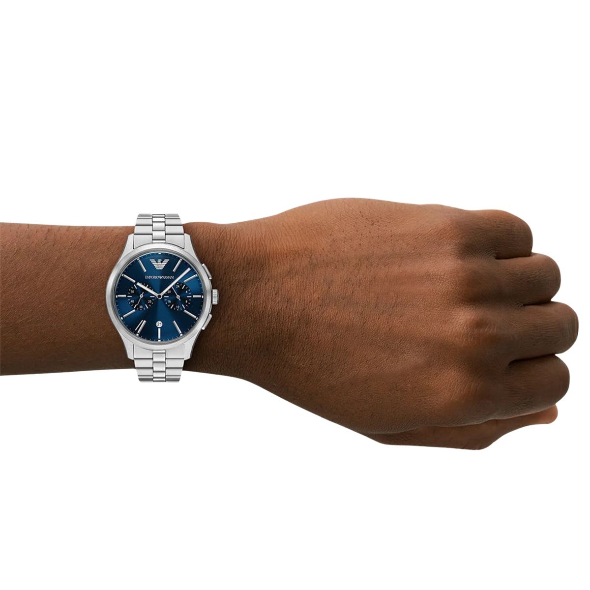 On-wrist perspective of the Emporio Armani Dario AR11728 timepiece displaying the round blue dial and brushed steel case on a wrist