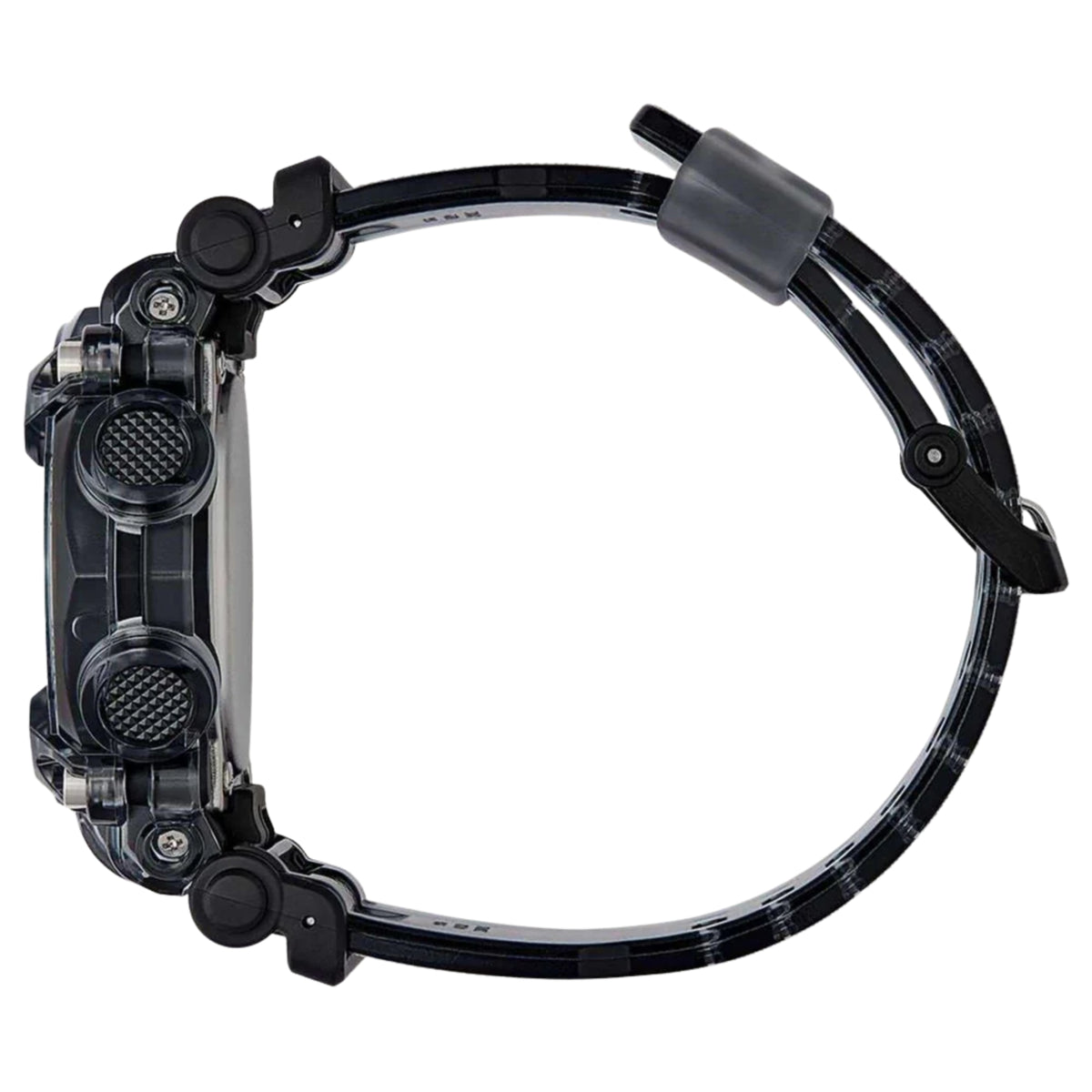 Casio G-Shock resin watch band with clasp and side buttons, open view bracelet links