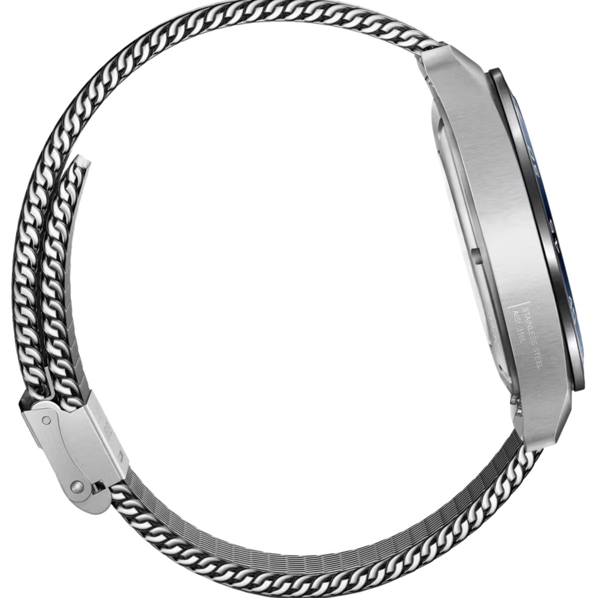 Men's Victorinox Swiss Army automatic watch angled view with steel mesh bracelet