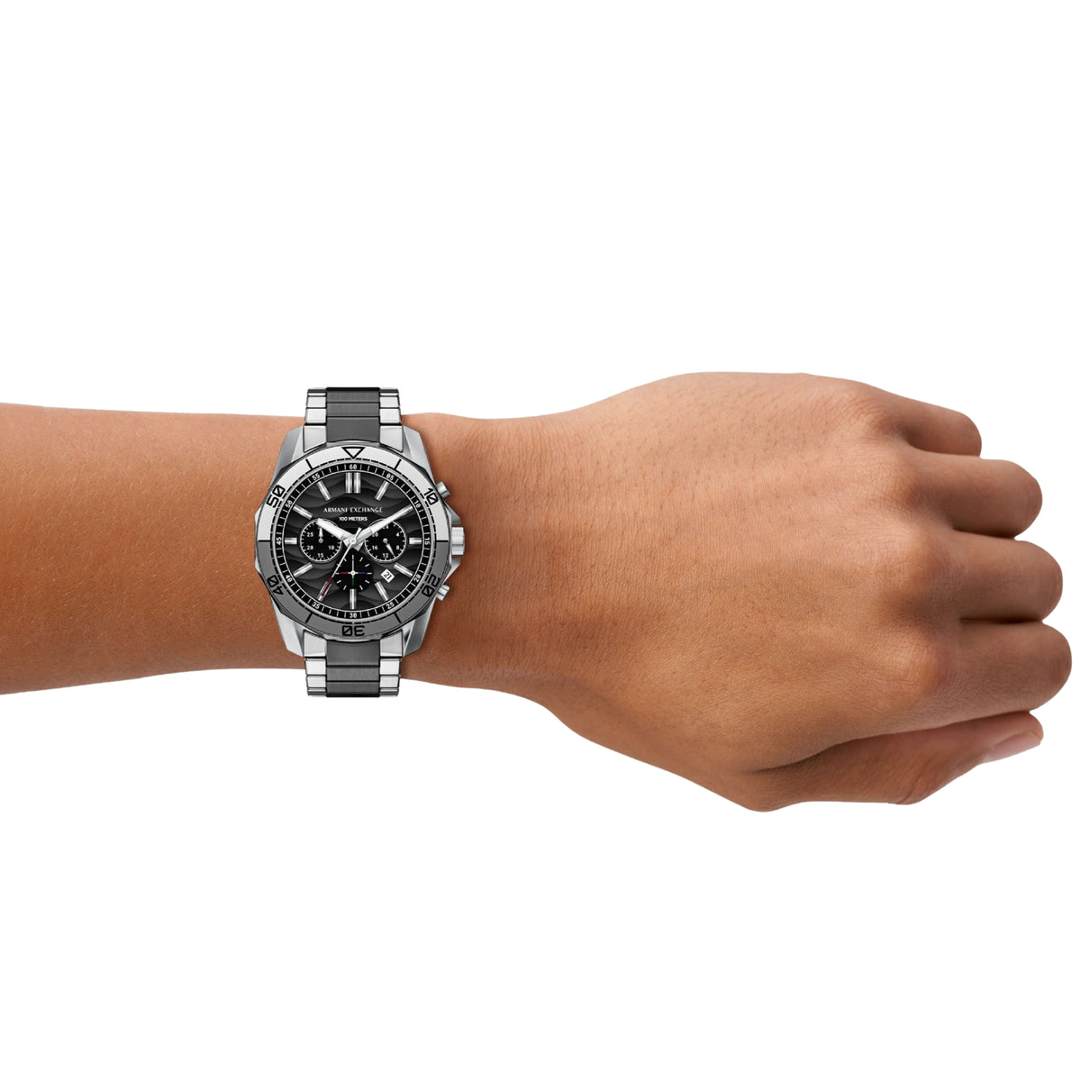 Armani Exchange Spencer AX1973 lifestyle view featuring 44mm black dial mens quartz watch on wrist