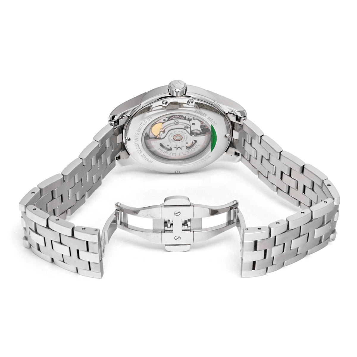 Stainless steel watch with bracelet laid flat, case back and crown visible Hamilton Jazzmaster 40mm Automatic Silver Dial Steel Mens Watch H32515155