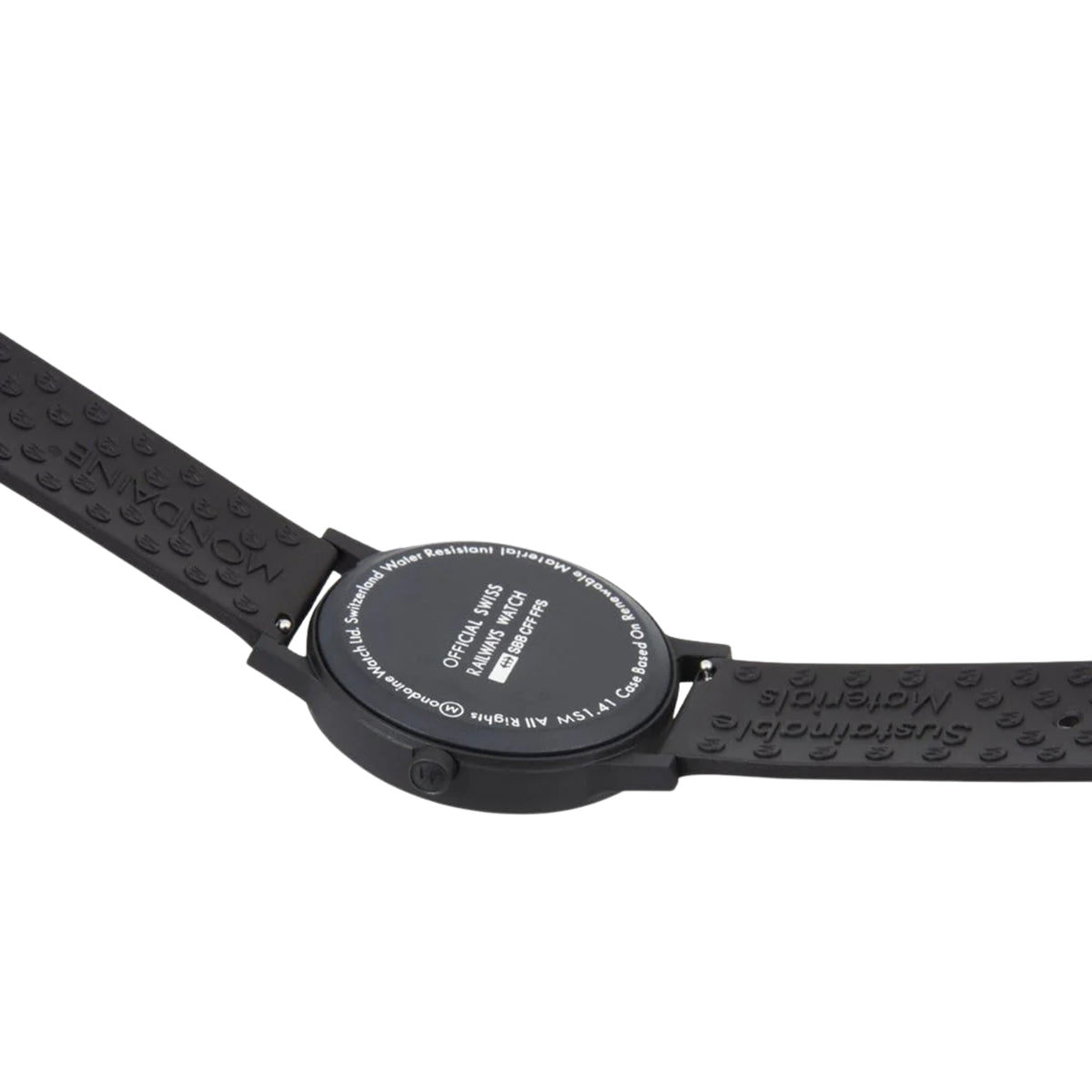 Mondaine Essence men's quartz watch with black dial and black rubber strap