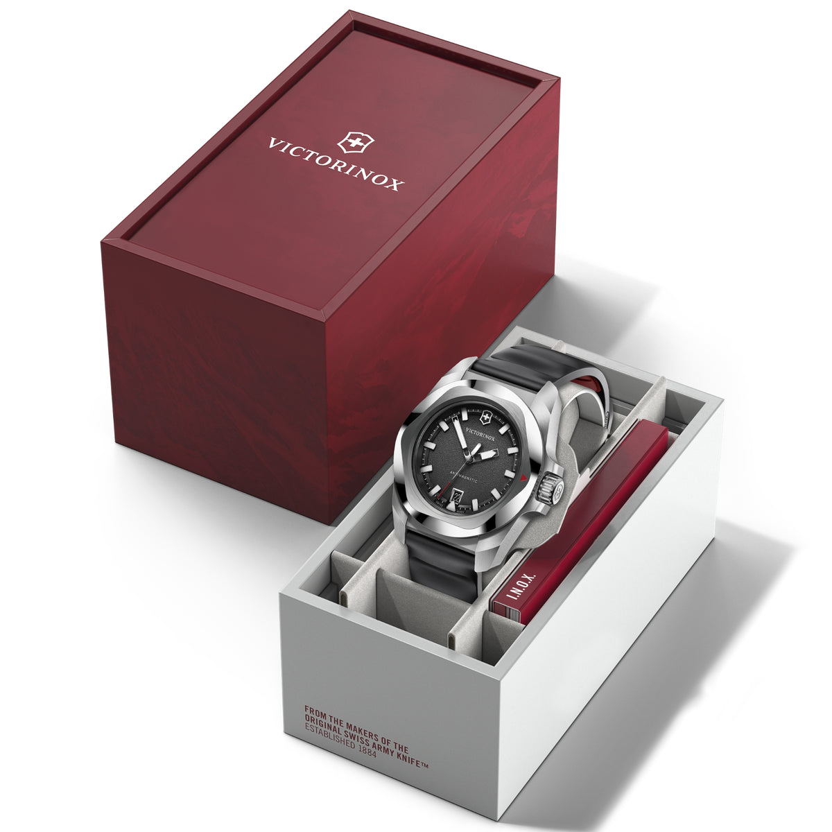 Victorinox I.N.O.X. rubber quartz watch 242028 watch displayed in premium red and white gift box packaging