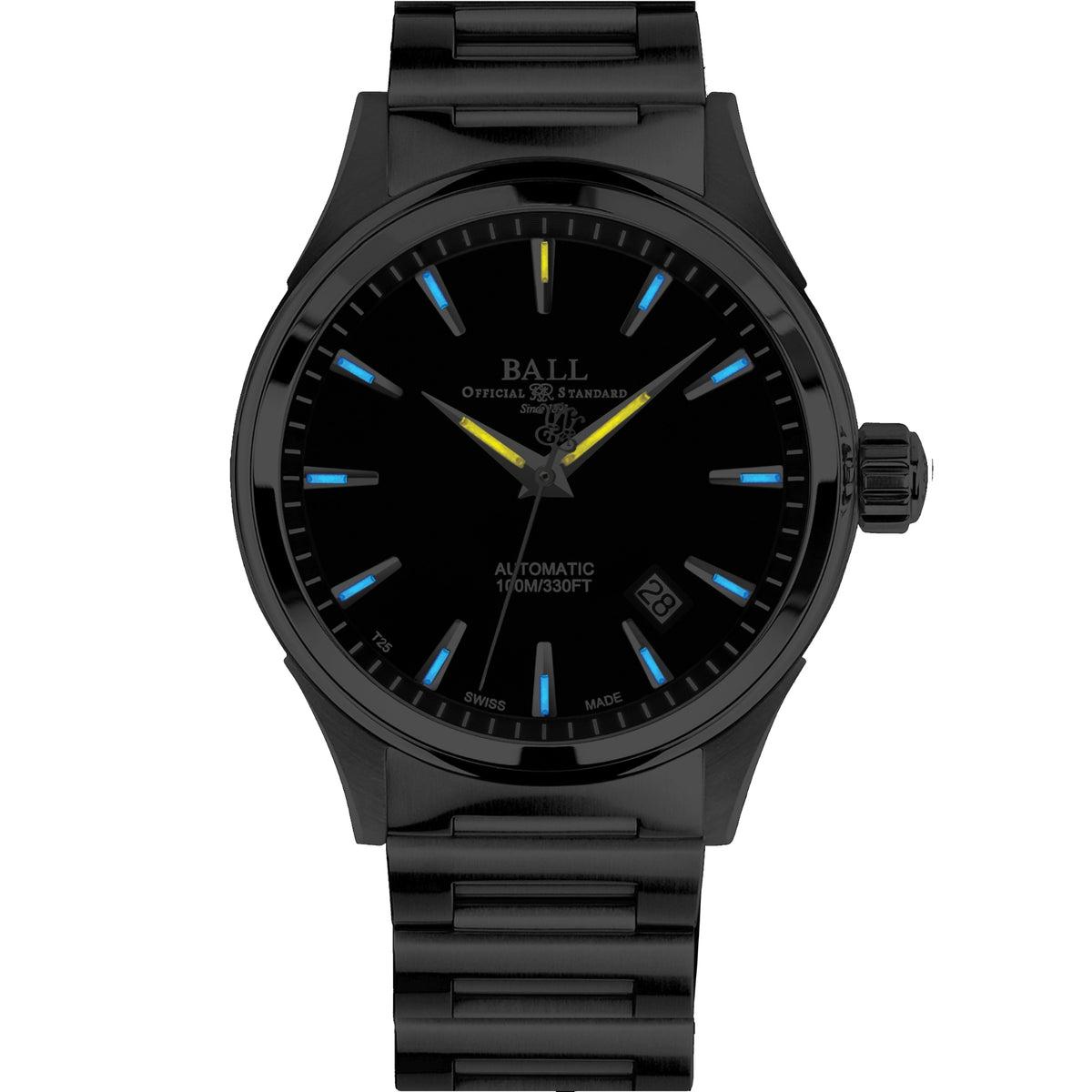 Men's automatic watch with black case and dial, black bracelet, blue-accent baton markers