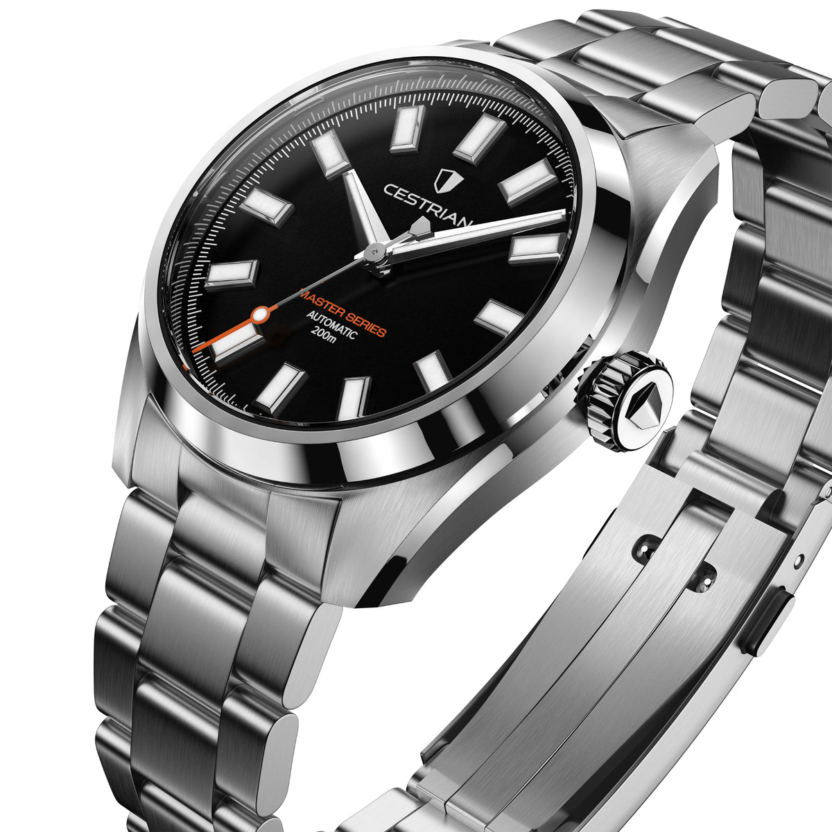 Silver automatic men's watch with black dial, white markers, and metal bracelet