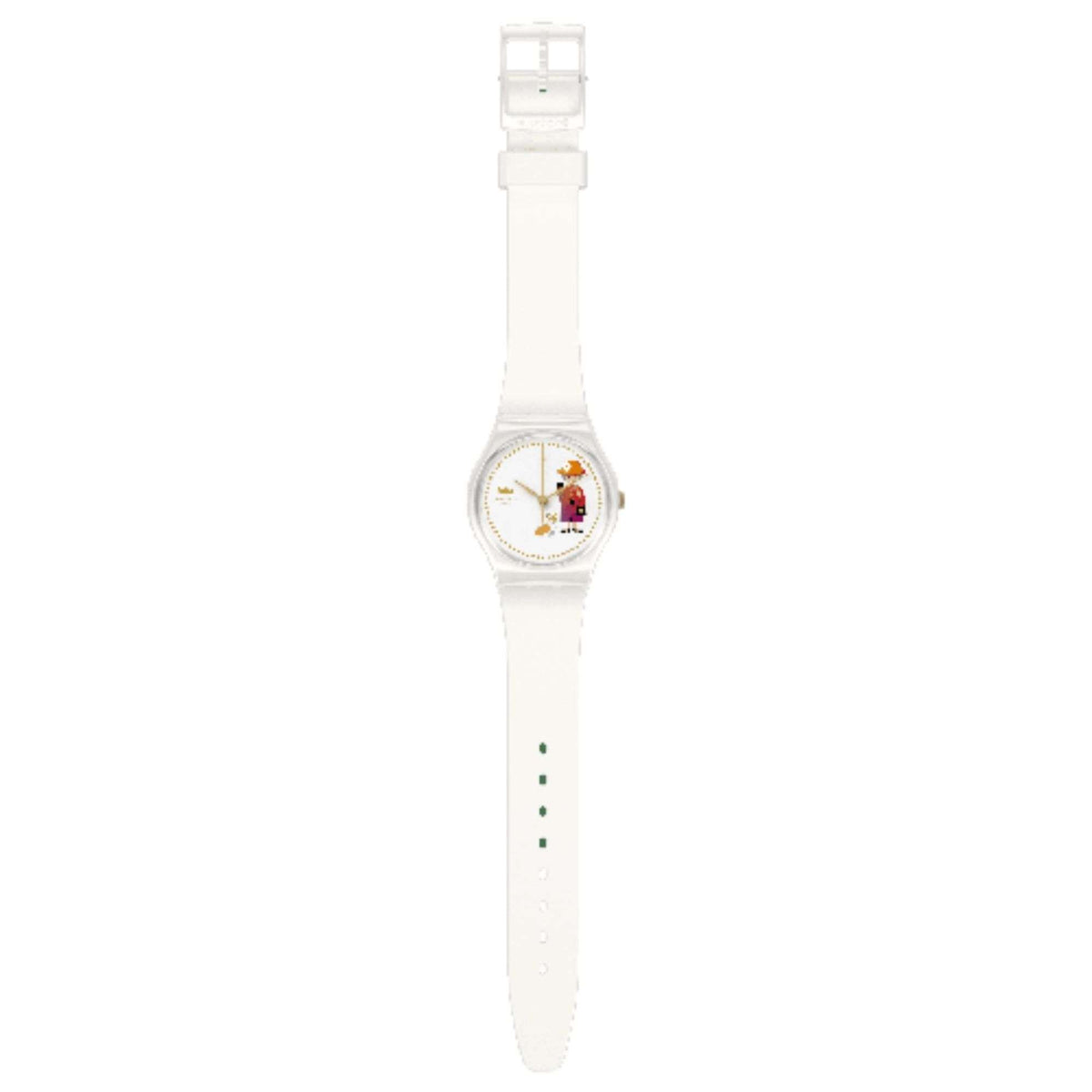 White silicone strap watch with round cartoon dial, showing top clasp