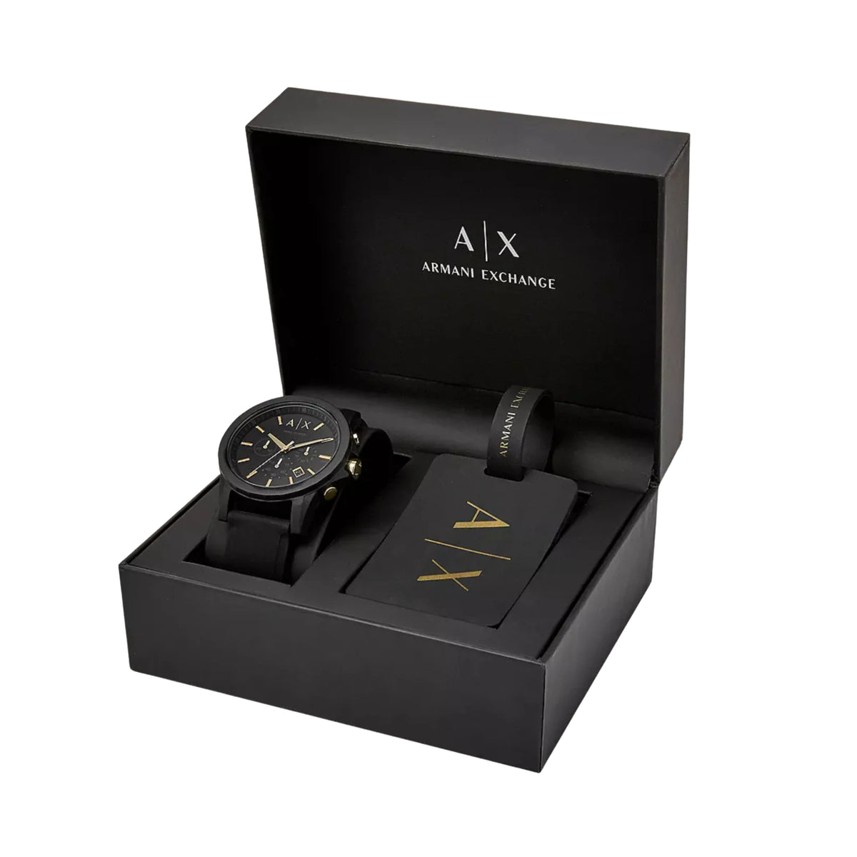 Armani Exchange chronograph watch in black gift box, black dial and silicone strap