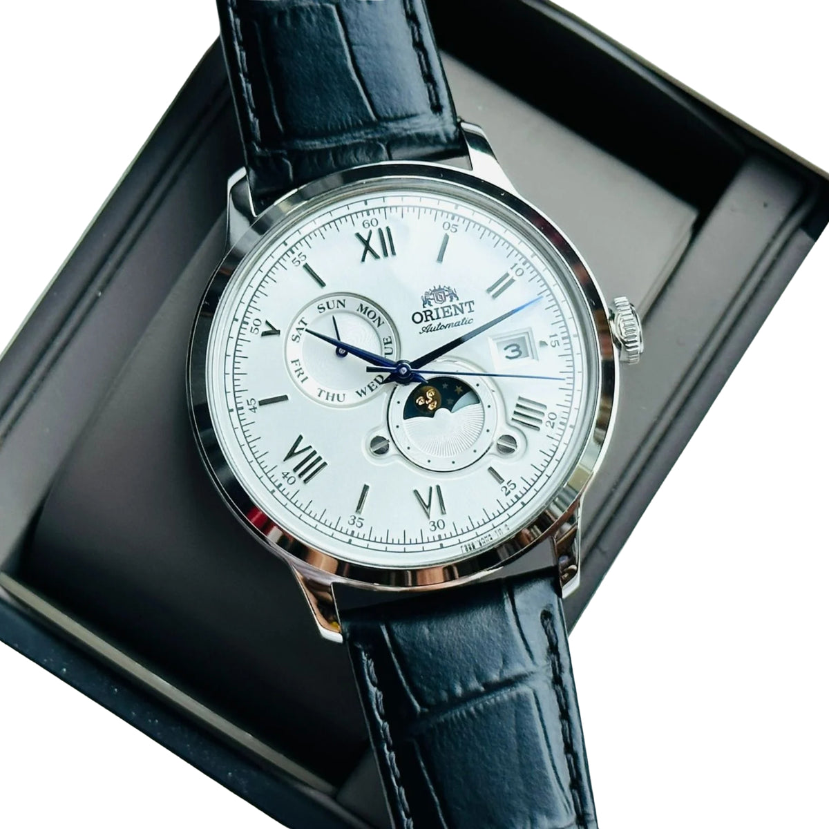 Orient Bambino 41.5mm Sun & Moon Silver Dial Leather Automatic Mens Watch RA-AK0802S30B