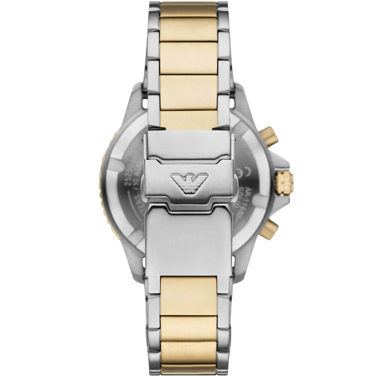 Back view of the Emporio Armani World Explorer AR11680 watch showing the branded fold-over deployment clasp and two-tone bracelet links