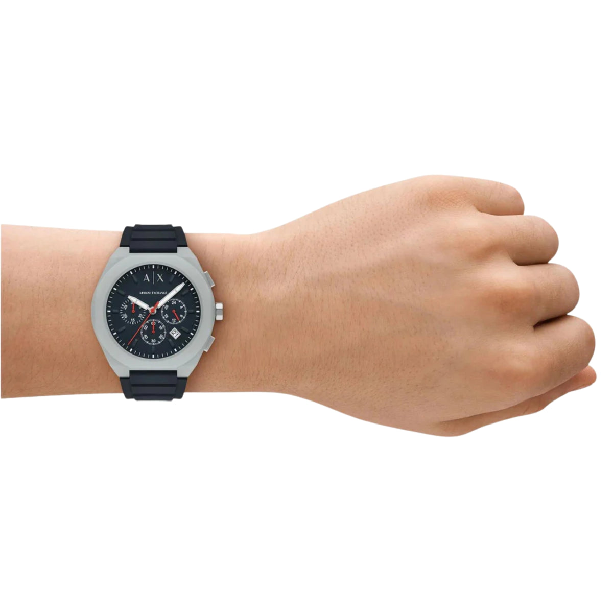 Men's chronograph quartz watch, blue dial and black silicone strap